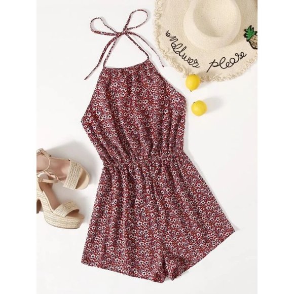 Sale 🤞 NEW!! Size 6 Tied Backless Floral Halter Romper - Picture 1 of 2